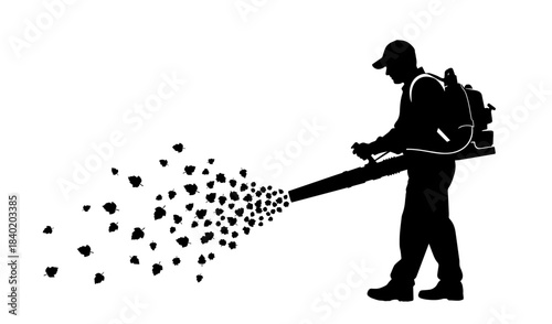 Captured in a detailed black silhouette, a gardener wearing a cap and a heavy motorized backpack blower forcefully directs a gust of air that sends a swarm of leaves scattering across the white void