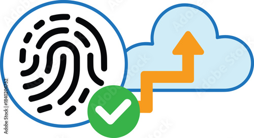 Cloud security authentication icon, fingerprint verification, digital access approval, secure login system, data protection symbol, modern cybersecurity flat vector illustration]