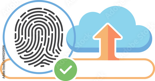 Cloud security authentication icon, fingerprint verification, digital access approval, secure login system, data protection symbol, modern cybersecurity flat vector illustration]