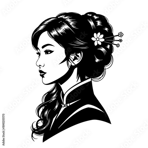 A striking black and white illustration of a beautiful East Asian woman with her hair styled in an elegant updo adorned with a flower and hairpins.