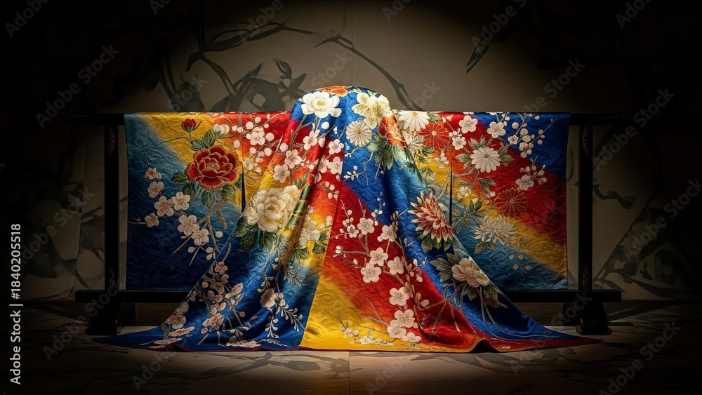 Fototapeta premium Vibrant Silk Kimono Displaying Intricate Floral Patterns