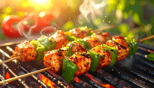 Grilled chicken skewers with peppers on a barbecue with flames and smoke, in a bright outdoor setting