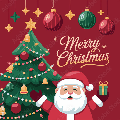 Merry christmas greeting with santa claus and decorated tree,  A festive illustration featuring Santa Claus, a decorated Christmas tree, ornaments, and stars, wishing everyone a Merry Christmas.