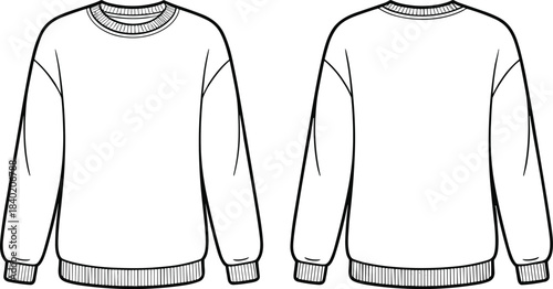 Sweatshirt flat sketch, long sleeve crewneck pullover, ribbed cuffs and hem apparel template, dropped shoulder fashion design, garment technical drawing illustration