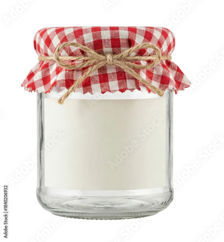 Foto Glass jar with gingham lid and blank label