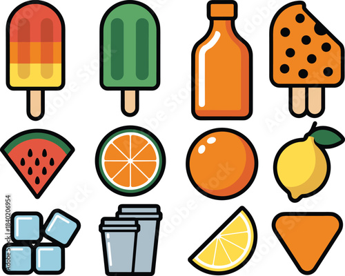 Colorful summer treats and fruit icons, refreshing popsicles, citrus slices, watermelon, ice cubes, drinks, bold outline style vector illustration set