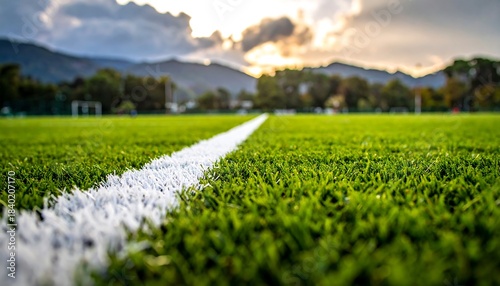 Lush green field with white line, leading to a mountainous, tree-filled backdrop under a partly cloudy sky at dusk