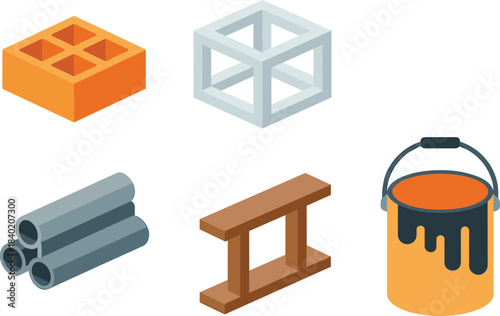 Construction materials illustration set featuring brick, concrete block, steel rod, metal pipe, I-beam, paint bucket, perfect for building design