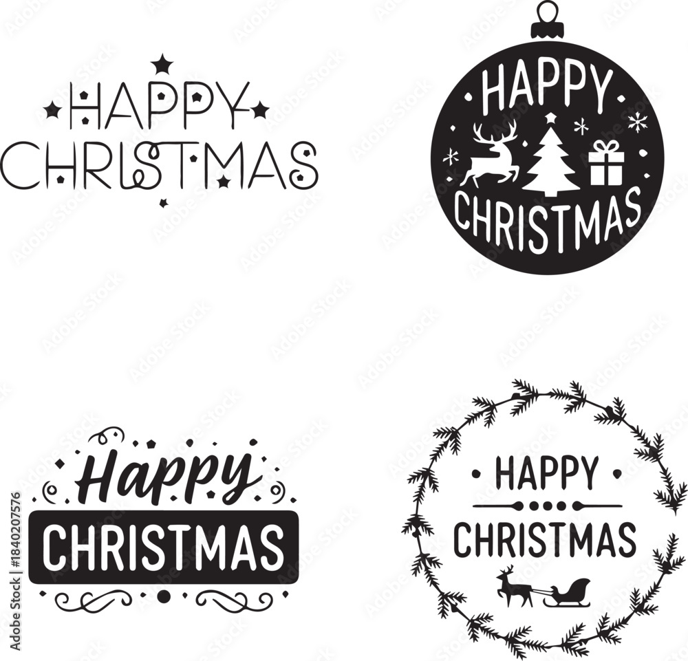 Fototapeta premium Winter Wonderland Christmas Badge with Reindeer and Christmas Tree Silhouette 