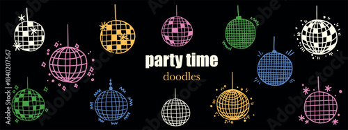 Disco ball doodle icon. Hand drawn party illustration featuring mirror globe sketch. Perfect for nightclub designs, dance events, retro celebration graphics.