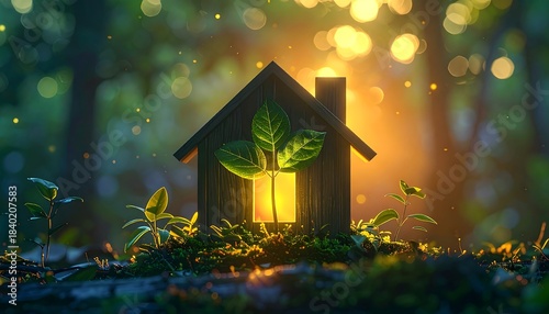 Miniature house with bright glowing window, featuring a plant, surrounded by a green, leafy forest setting