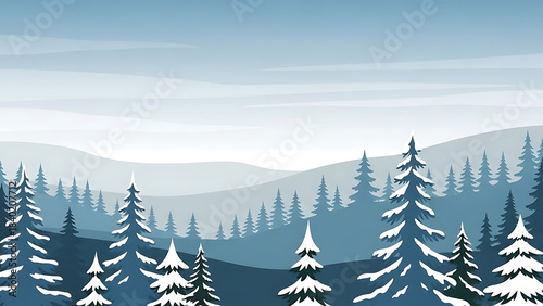 Winter forest landscape with snow-covered pine trees and rolling hills under a pale blue sky, serene natural scenery