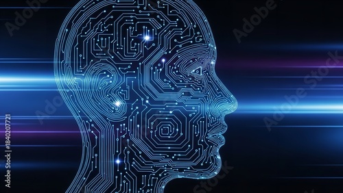 Futuristic AI brain concept with glowing circuits and digital data flow, representing artificial intelligence and technology.