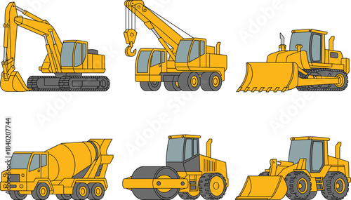 Construction vehicle icon set, heavy machinery equipment, excavators, bulldozers, dump trucks, road rollers, loaders, industrial machines, flat design vector illustration