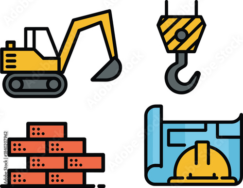 Construction vehicle icon set, heavy machinery equipment, excavators, bulldozers, dump trucks, road rollers, loaders, industrial machines, flat design vector illustration