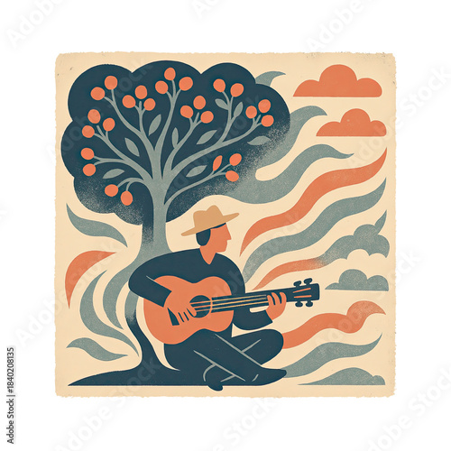 Man playing guitar under fruit tree music