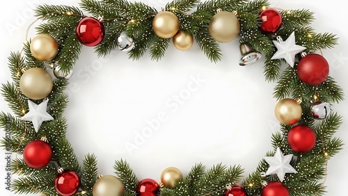 Festive new year frame with elegant pine needles and christmas ornaments for decoration layouts and holiday banner designs.