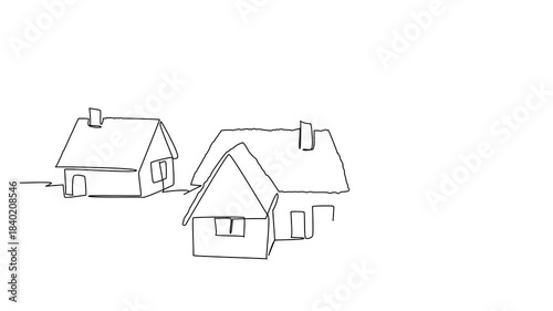 Self drawing animation of continuous line drawing of traditional village houses with pitched rooftops emphasizes eco-friendly living, architecture for World Green Roof Day. Full length animated