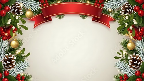Red and green christmassy border with decorative pine elements and copy space for holiday cards and new year celebration designs.
