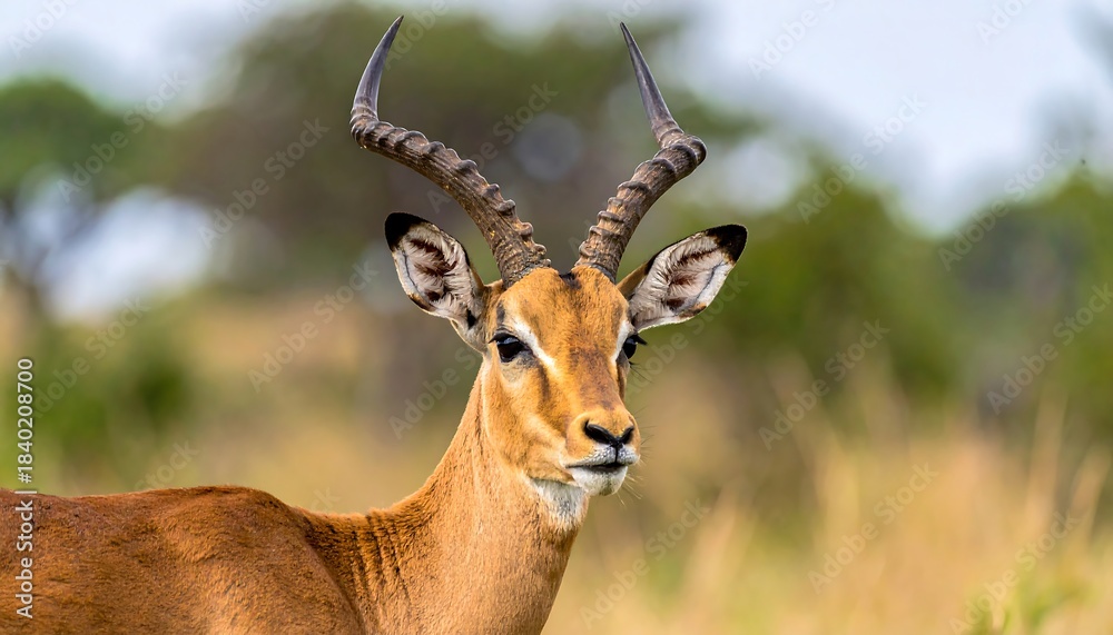 Naklejka premium Portrait of an impala with impressive curved horns standing in tall, dry grass against a blurred natural background