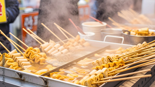 Close-up of traditional hot fish cakes on skewers steaming at an outdoor market stall