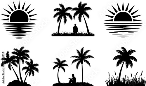 Black silhouette of sun setting over water and palm trees with people sunset sunrise