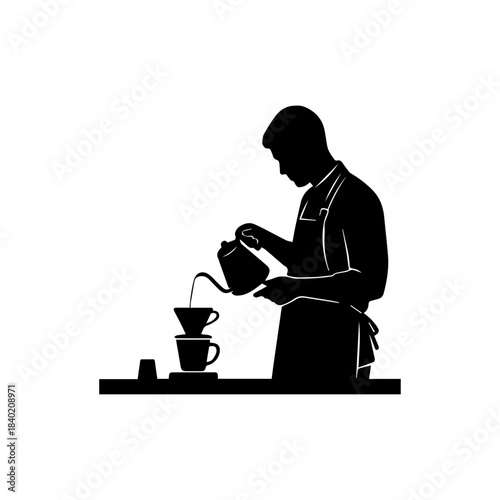 A black silhouette icon of a barista or man in an apron, carefully pouring hot water from a kettle to brew coffee using a pour-over drip technique.