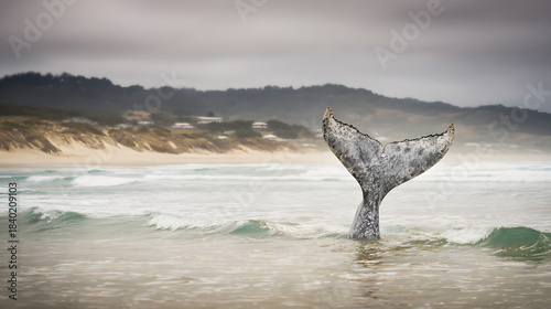 motherliness. Beached whale with tail fin splashing in shallow water under overcast sky. wildlife magazines, conservation campaigns, designed for eco-tourism storytelling.