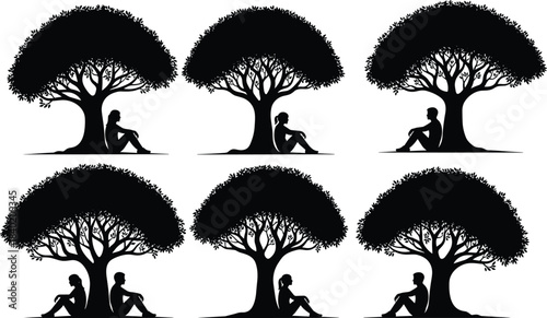 Tree silhouettes, seated figures, nature, solitude, reflection, relaxation, black and white, vector art, peaceful scene, outdoor, foliage, canopy, posture, 