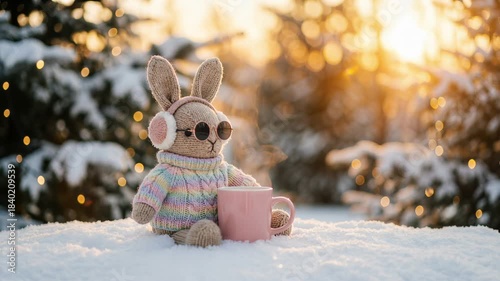 Cute knitted bunny toy with earmuffs and pink cup sitting in snowy outdoor winter scene. Whimsical Christmas holidays footage. 