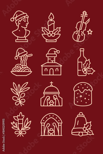 Italian Christmas doodle icon set on burgundy background for branding