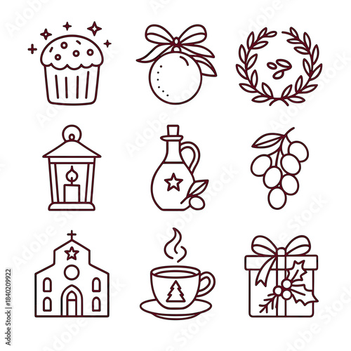 Italian Christmas treats icon set with panettone wreath grapes and coffee