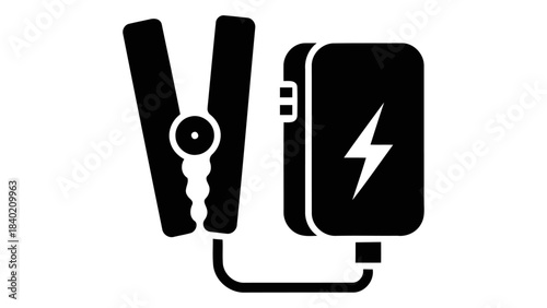 Car jump starter icon - portable emergency vehicle battery boosting device with jumper cables and power pack on white ba