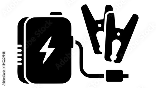 Car jump starter portable emergency vehicle battery boosting device with power lightning symbol icon and cables isolated