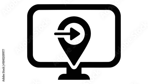 Computer monitor displaying a gps location pin icon with an arrow, representing vehicle navigation and route guidance.