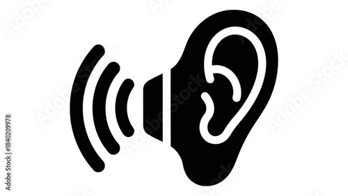 Close-up profile view of a black ear with sound waves emanating, symbolizing hearing amplification technology.
