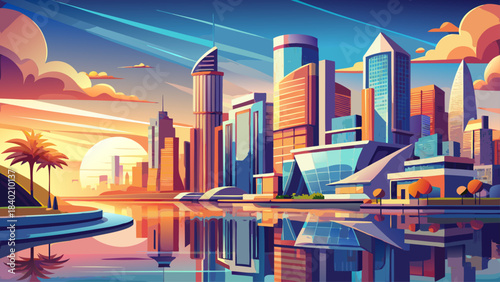 A dynamic urban waterfront with modern silhouettes, shimmering reflections, and breezy open water, highlighting the vibrant character of a thriving coastal city.