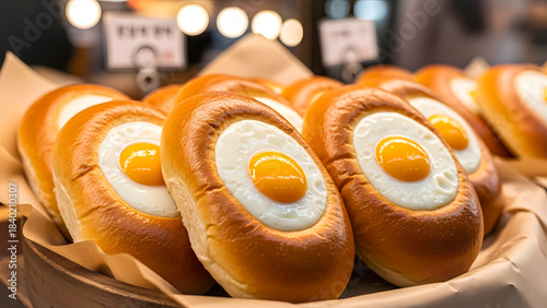 Close-up of delicious baked egg buns with golden yolks, ready for purchase in a warm bakery setting