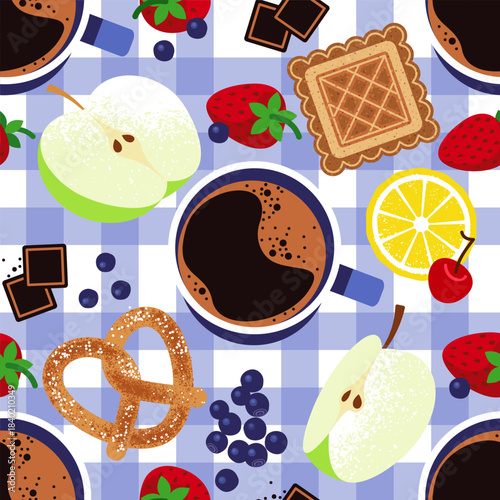 seamless pattern makes breakfast food, drawn in flat style with texture, close-up, top view. gastronomic background with pastries, fruits, and berries. Stock vector illustration. EPS 10.