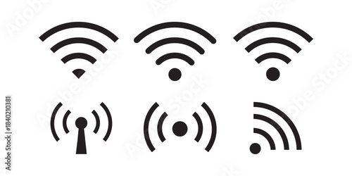 WiFi Signal Icon Set – Wireless Internet Connection, Network Strength Bars, Router Antenna Vector Pack