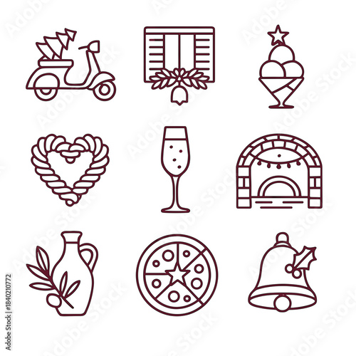 Italian Christmas icon set with scooter prosecco pizza and wreath