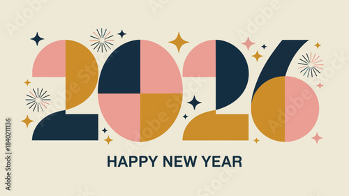 2026 Happy New Year greeting card with modern geometric number shapes, sparkling fireworks and bold festive colors on a light background for celebrations