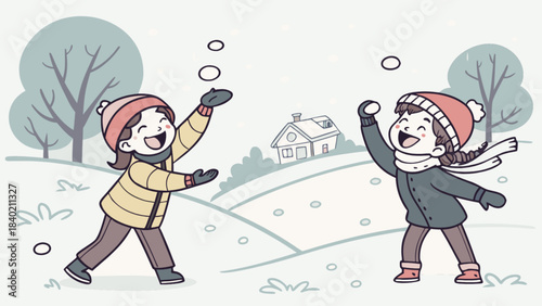 Joyful Snowball Fight: Two cheerful children engage in a playful snowball fight on a serene winter day, their laughter echoing through the snow-covered landscape.