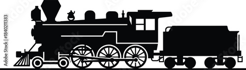 Vintage steam locomotive silhouette on tracks, classic railroad engine illustration, retro train transportation design, historical railway vehicle artwork, black vector