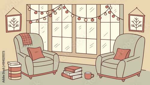 Cozy Living Room Scene: A welcoming living room scene. This charming illustration presents a cozy and inviting atmosphere, perfect for relaxation and leisure.