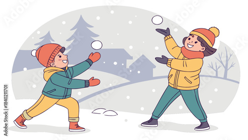 Winter Snowball Fight: Two cheerful children engage in a playful snowball fight amidst a snowy winter landscape, their faces alight with the joyous spirit of winter activities. 