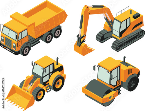 Construction vehicle icon set, heavy machinery equipment, excavators, bulldozers, dump trucks, road rollers, loaders, industrial machines, flat design vector illustration