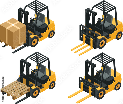 Isometric forklift illustration set, warehouse lifting vehicles, pallet loader, industrial equipment, cargo handling machines, logistics machinery icons, 3D vector design