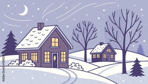 Winter Cabin Illustration: A cozy illustration depicts a tranquil winter scene, with snow-covered cabins nestled amid serene trees under a starlit night sky, creating a warm, inviting atmosphere.