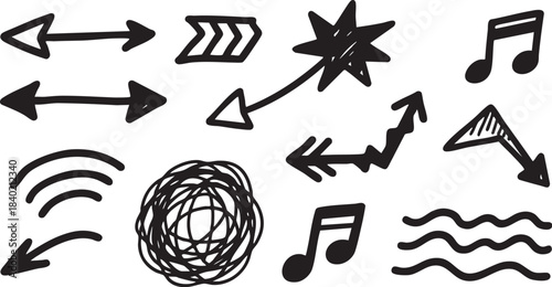 Grunge Hand-Drawn Arrow & Music Symbol Set: Black Sketch Doodle Design Elements